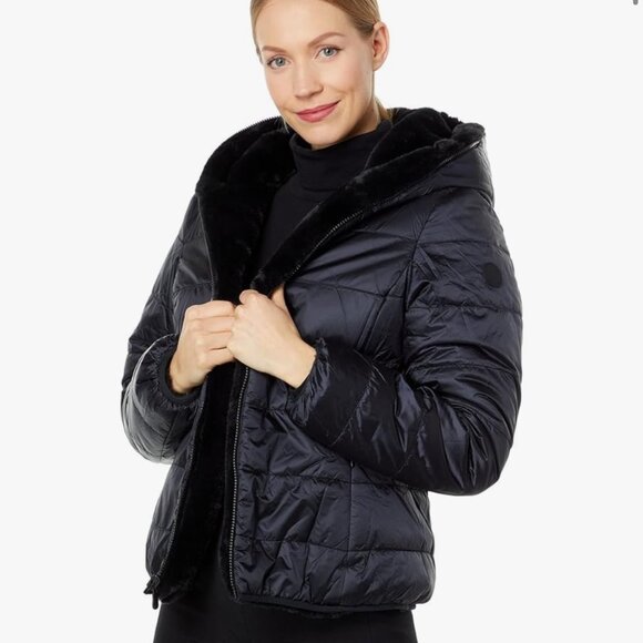Save The Duck Laila Faux Fur Hooded Reversible Coat - Black, Size XS - Picture 1 of 10